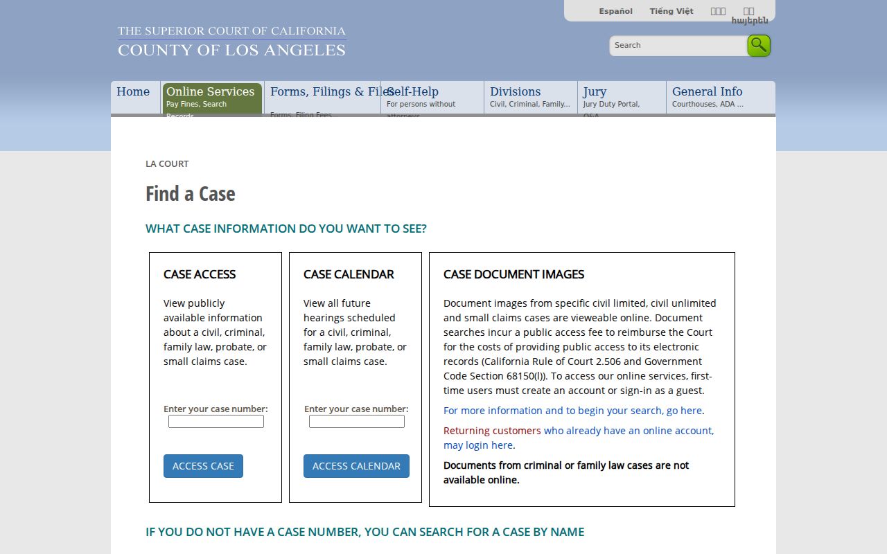 Glendale residents directory Los Angeles Superior Court case search