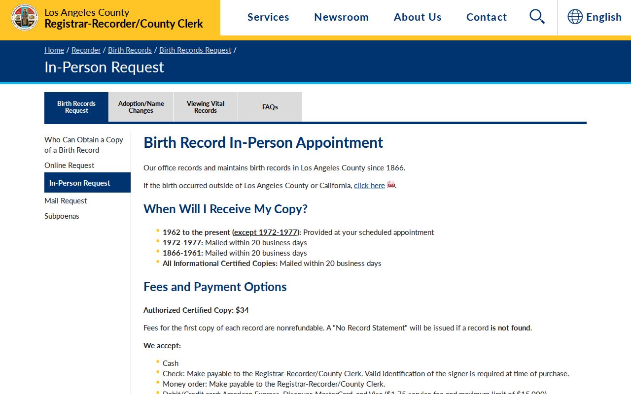 Glendale previous residents birth record request